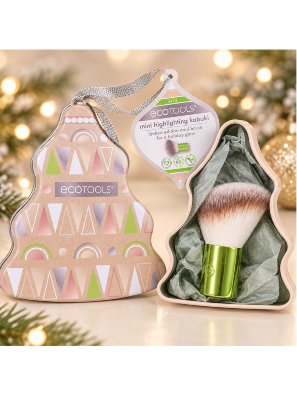EcoTools Mini Highlighting Kabuki Brush Holiday Tree Tin Ornament